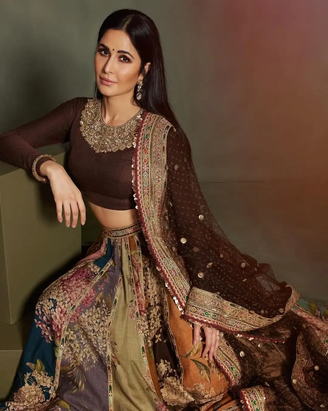 Indian Actress Katrina Kaif in Maroon Lehenga Choli